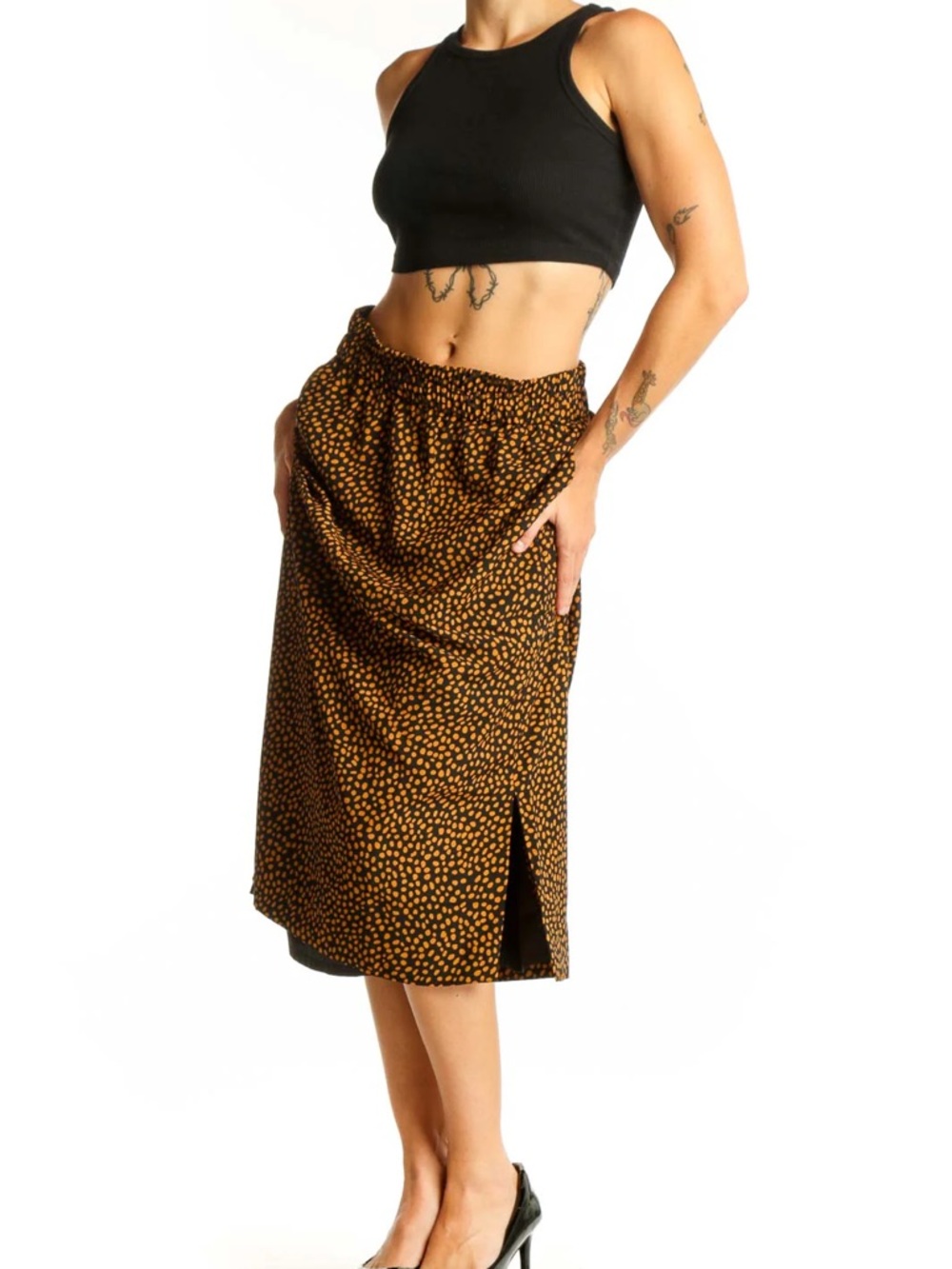 J. Crew Brown & Black Polka Dot Printed Midi Skirt Size Large